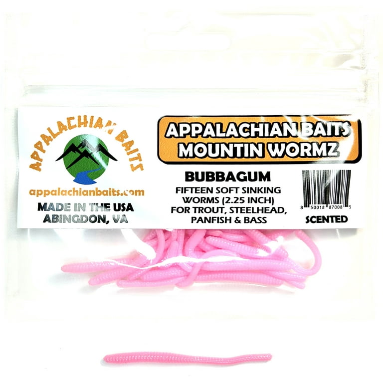 Appalachian Baits Mountin WormZ Bubbagum 2 1/4 inch Soft Sinking Fishing Bait Worms, Scented, 15 Count, Pink