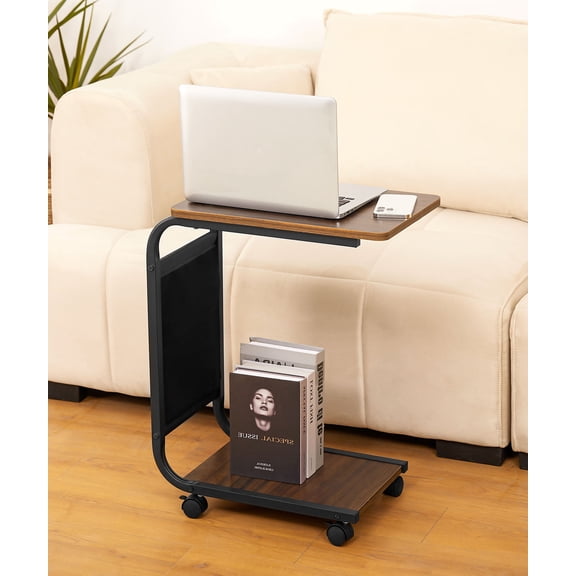 Enogets Mobile Side Table with Wheels, C-Shaped Metal End Table with Storage Bag, 2-Tier Rolling Cart for Couch and Bed