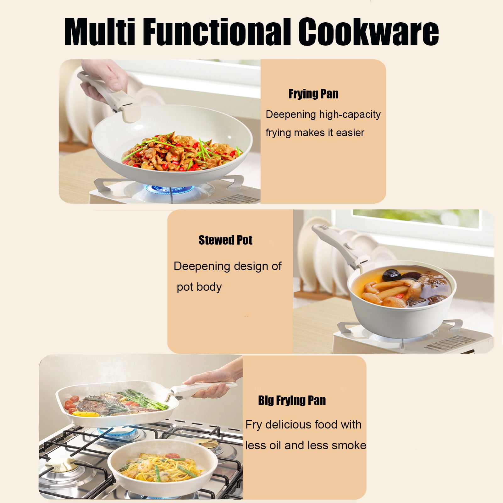 Jozram 17 PCS Ceramic Pots and Pans Set Non Stick, Cookware Set with Detachable Handle, Oven Safe, Induction Ready, Stackable RV Kitchen Cooking Set Removable Handles, Cream White