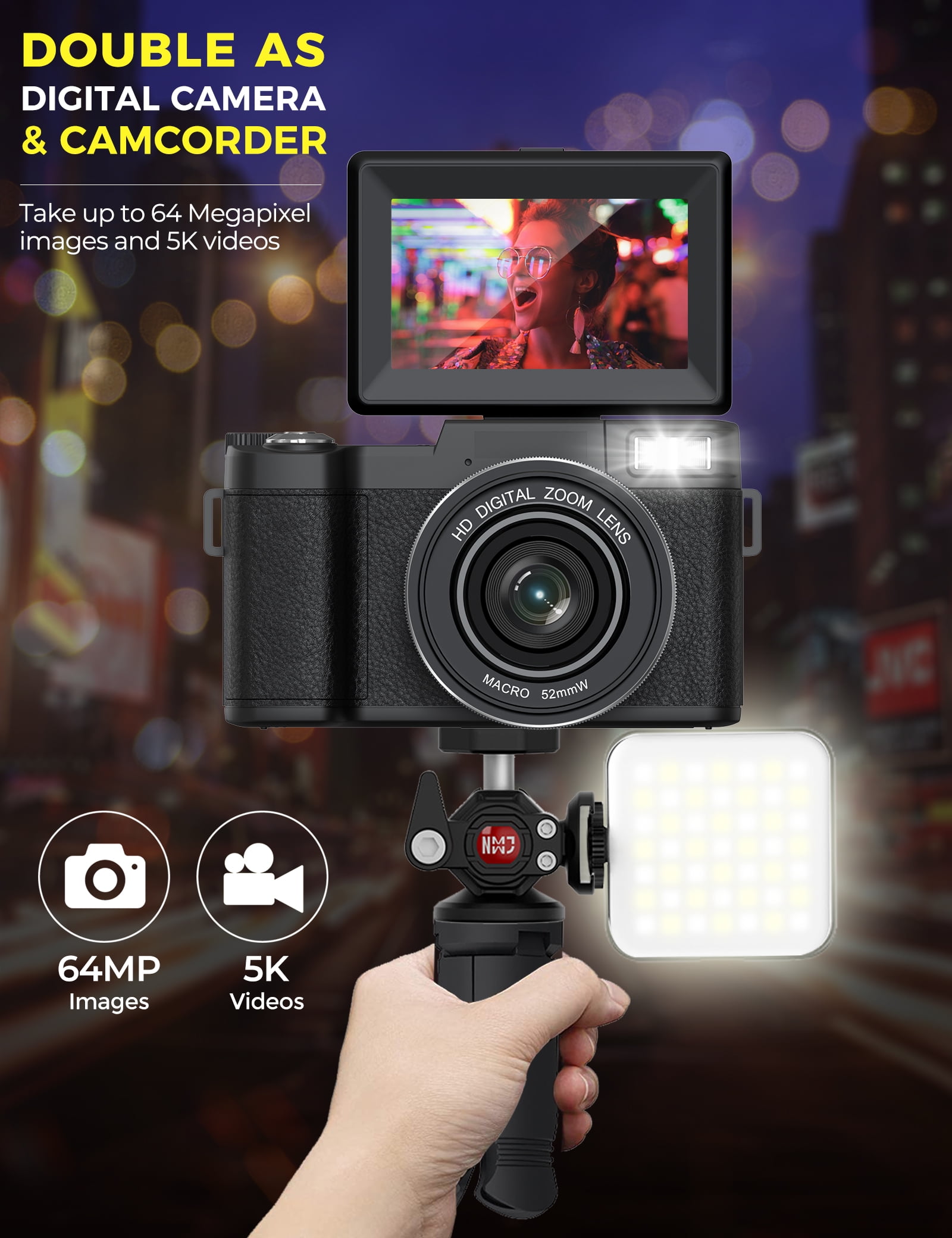 5K Vlogging Camera with WiFi 64MP 4K Digital Camera for Photography Vlog Camera with Flip Screen Video Camera for YouTube with Selfie Light, Mini Tripod, Batteries