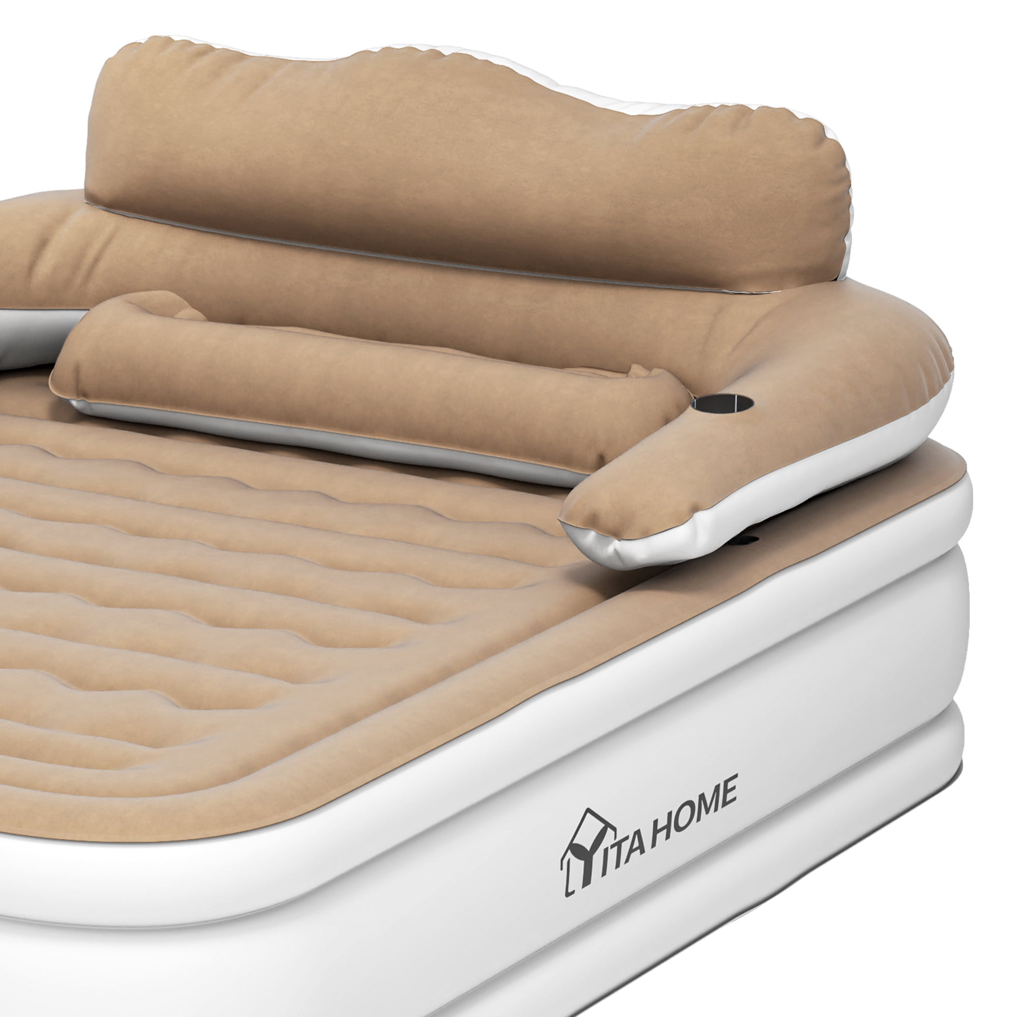 Uforic Queen Air Bed featuring Headboard, 18in Inflatable Mattress with Pillow, Portable Electric Pump, Brown - Ideal Queen Air Mattress for Camping & Home Use