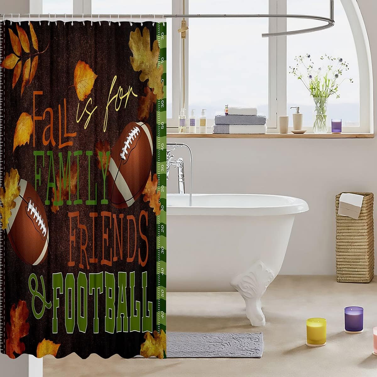 American Football Bath Curtain Grunge Fall Leaves Shower Curtain Set for Kids Child Boys Girls,Autumn Harvest Thanksgiving Shower Curtain Rugby Sports Ball Vintage 72"Wx84"L Farmhouse Fall Decor,Brown
