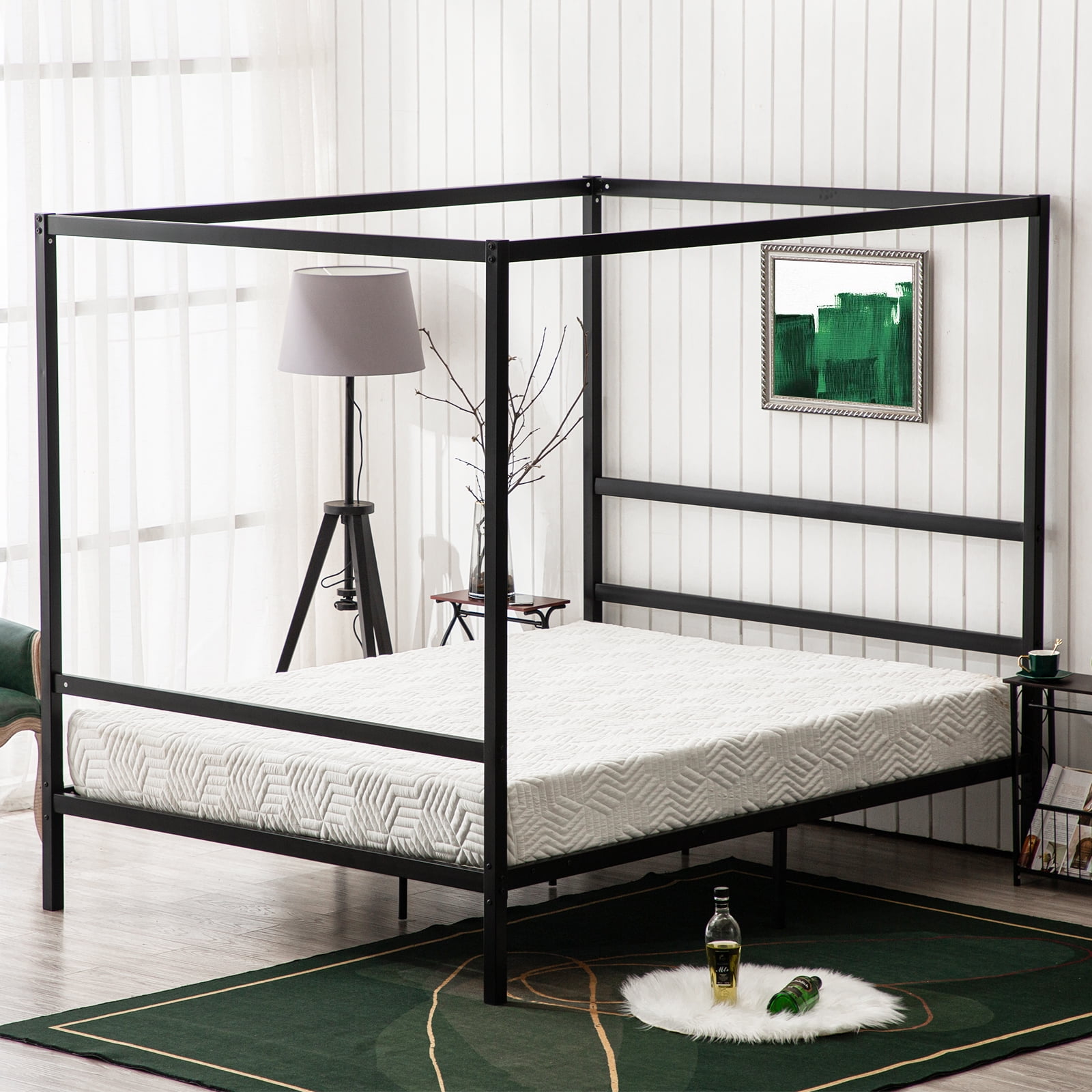 VINGLI Black Canopy Bed Frame Queen 4 Poster Bed Frame with Headboard