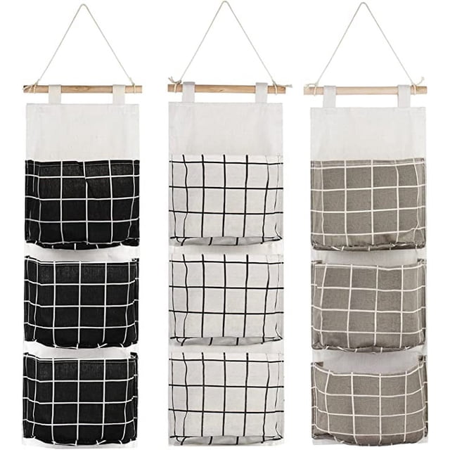 Bolsa de almacenamiento colgante de 3 piezas con 3 bolsillos, cesta de estante de pared de tela de primera calidad, organizador de bolsa de almacenamiento para dormitorio, baño, cocina, impermeable y