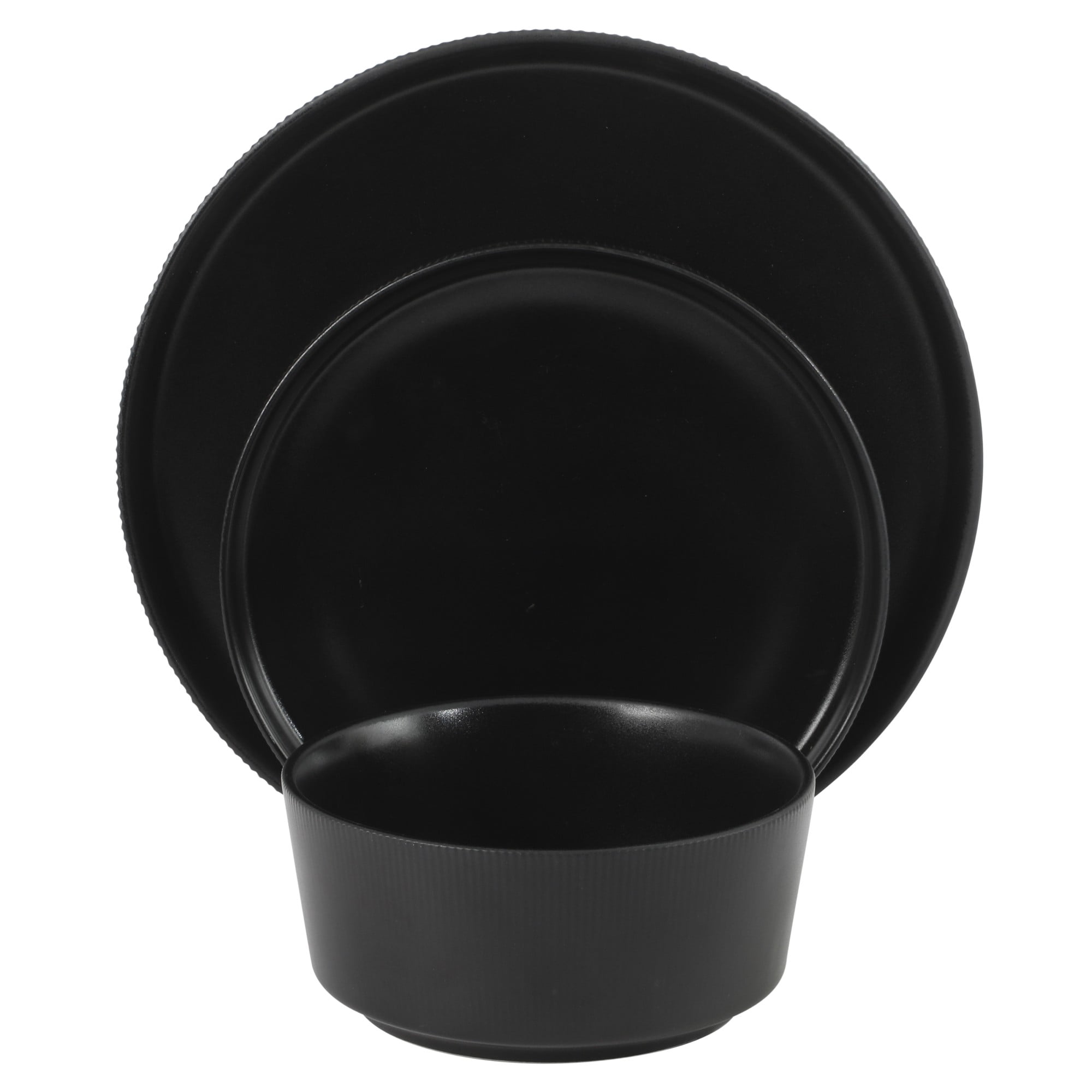 Gibson Home Dempsey Road 12-Piece Stoneware Dinnerware Set – Service for 4, Round Black Plates and Bowls, Durable Solid Color Modern Embossed Dish Set, Microwave & Dishwasher Safe