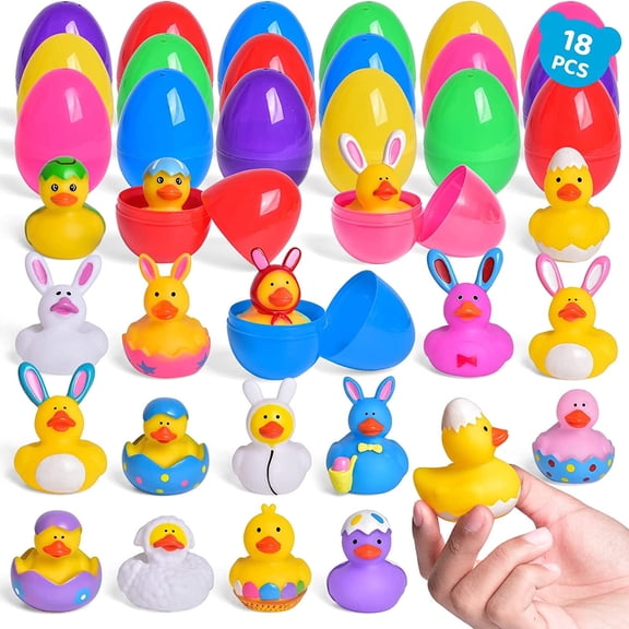 Fun Little Toys 18Pcs Easter Eggs with Rubber Duck Toy, Assorted Bunny Rabbit Duckies Toys, Easter Basket Stuffers