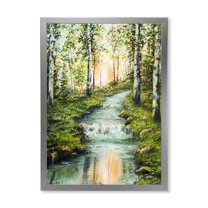 Designart 'River Through Green Birch Forest' Lake House Framed Art Print