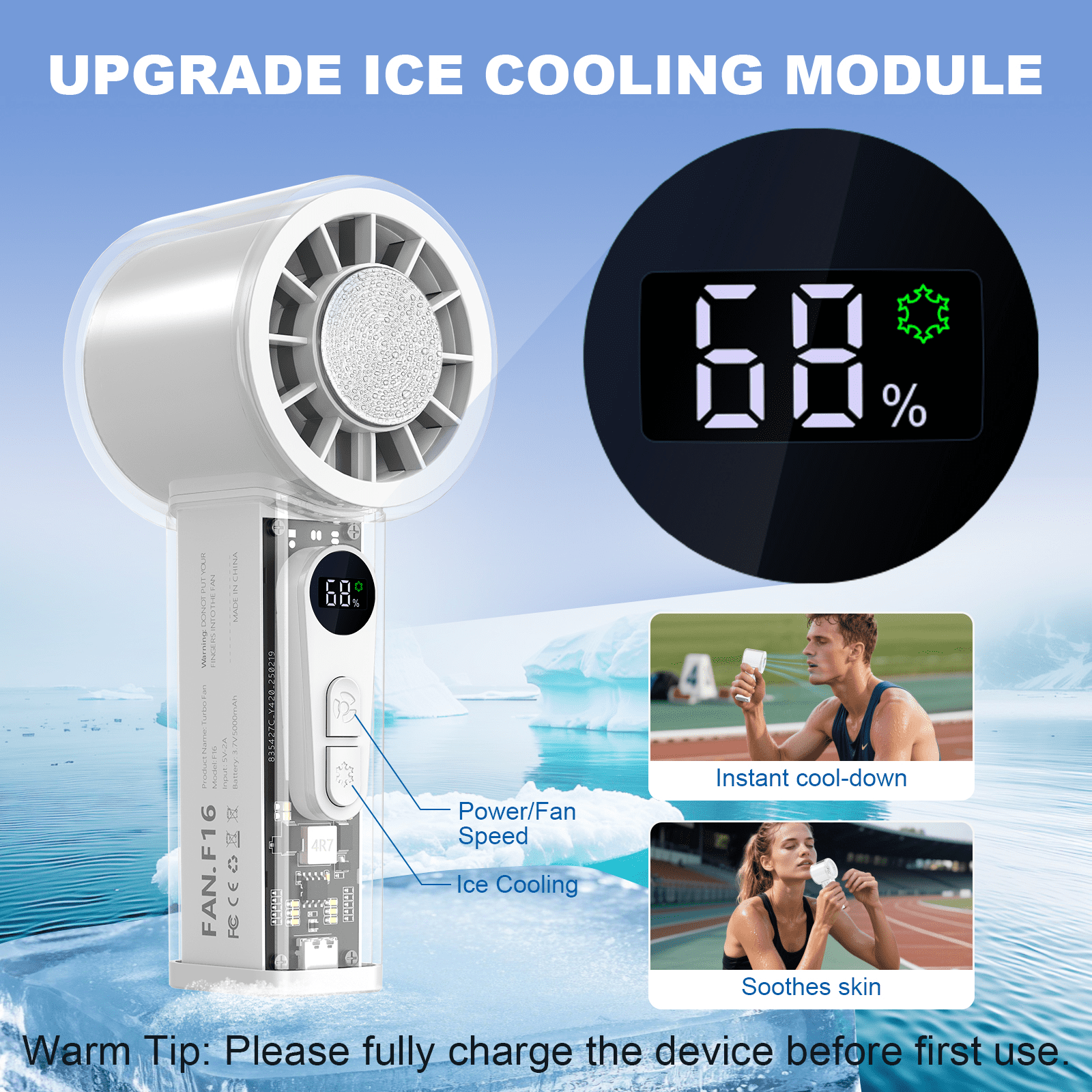 Handheld Turbo Fan with Ice Cooler, Transparent Design, Dual Airflow, 5000mAh Rechargeable Battery, 6-Speed