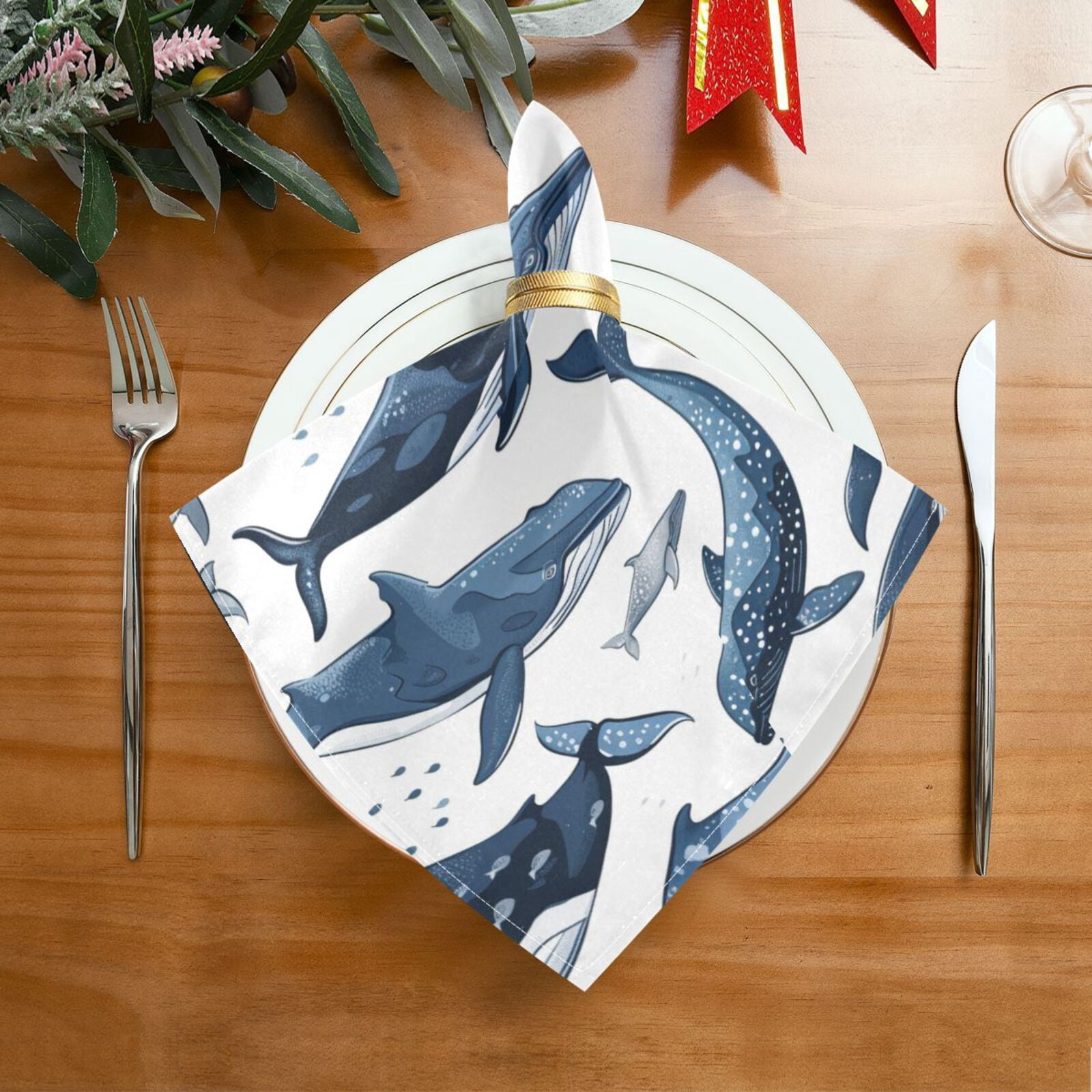 JSTEL Whale Print Cloth Napkins Set of 6, 20x20 Inch Washable and Reusable Napkin for Decoupage Dinner Party Everyday Use