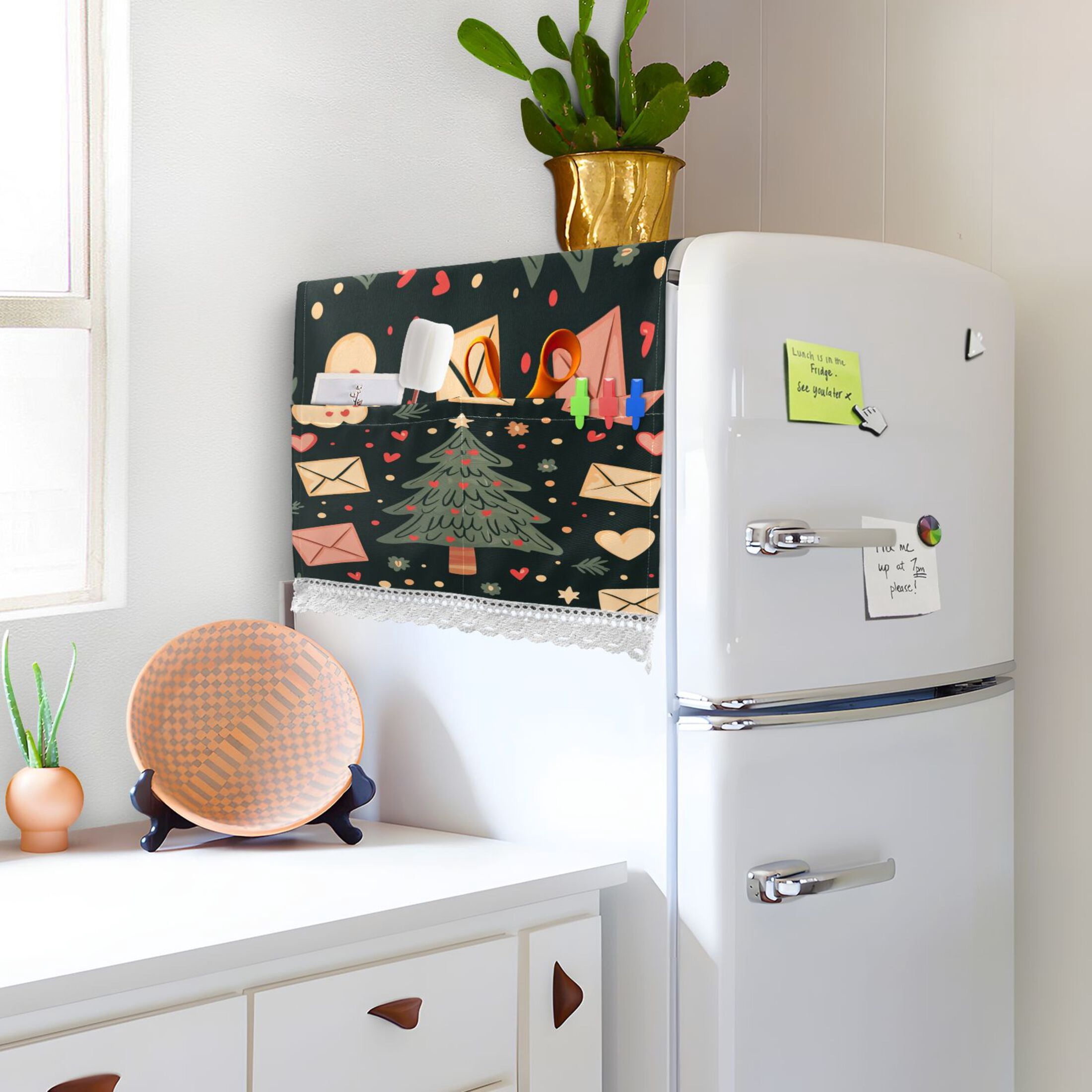 Christmas TreeWasher and Dryer Covers Dust-Proof and Oil Resistant Fridge Cover with 4 Storage Pockets Washing Machine Top Cover for Laundry Kitchen Home 51.2 x 22 In