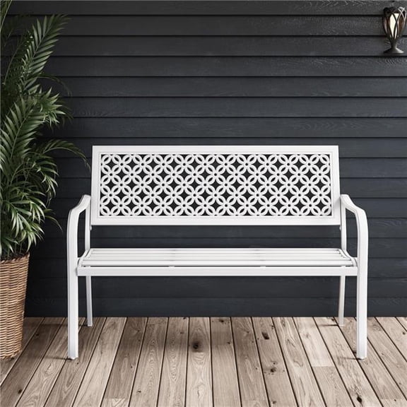 InQrands GD-WT Outdoor Garden Bench with Anti-Rust Metal Powder Coated Frame, Patio Bench for Front Porch Park, White