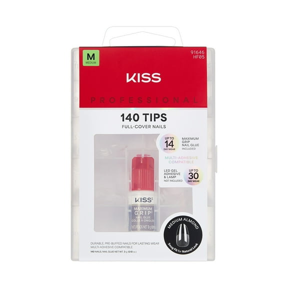 KISS Professional Full Cover Press On Nails Almond, ‘Unlimited’, White, Medium, 140 Count