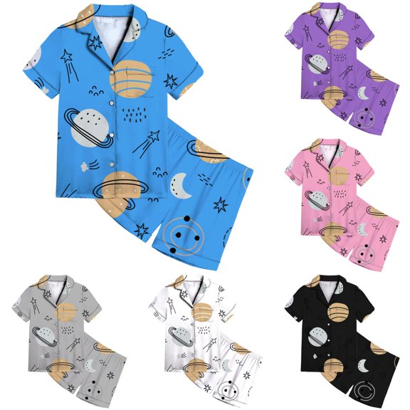 MEZZALL Cozy Cartoon Printed Pajamas Sets For Kids Comfortable Nightwear Girls And Boys Soft Fabric Sleepwear For Children Short Sleeve Lapel Button Down Tops & Shorts Comfort Homewear