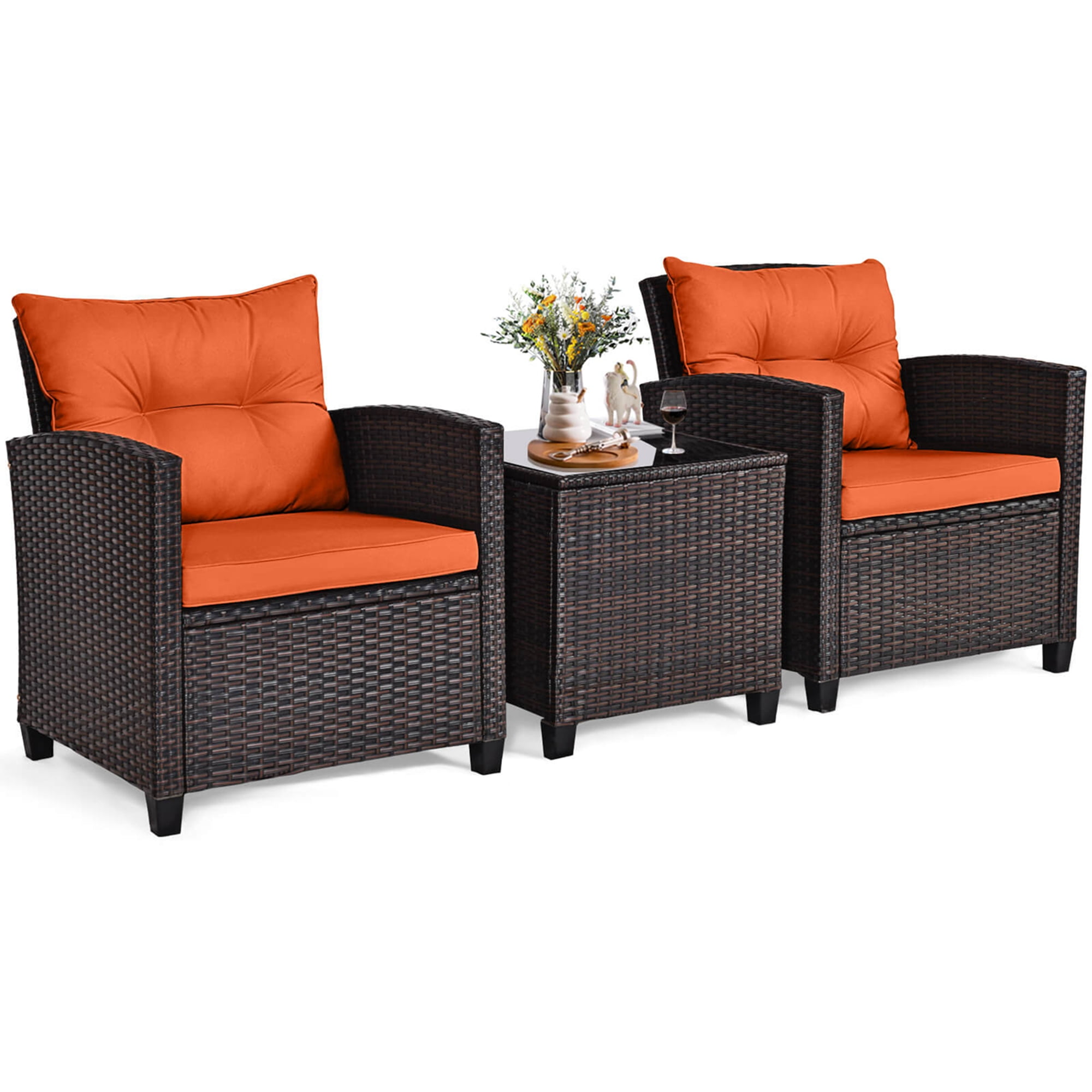 Gymax Set of 3 Rattan Furniture Set Patio Cushioned Conversation Set Sofa Orange