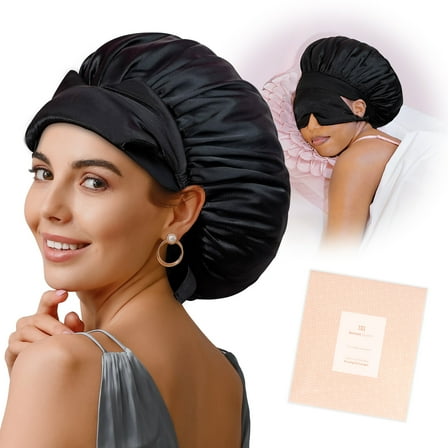 Silky Satin Bonnet for Sleeping with Eye Mask Black