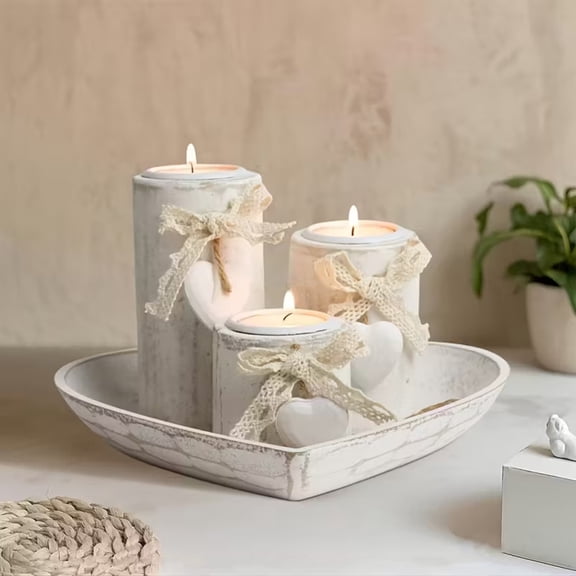 Handcrafts Wooden Heart Tray with 3 Pieces Tealight Holders for Farmhouses Weddings Centerpieces Decors
