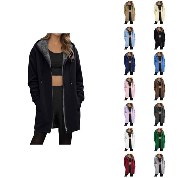 Fleece Lined Hoodie Women 2026 Winter Fashion Long Sleeve Plain Zip Up Long Hoodies for Women Jacket Coat with Pockets