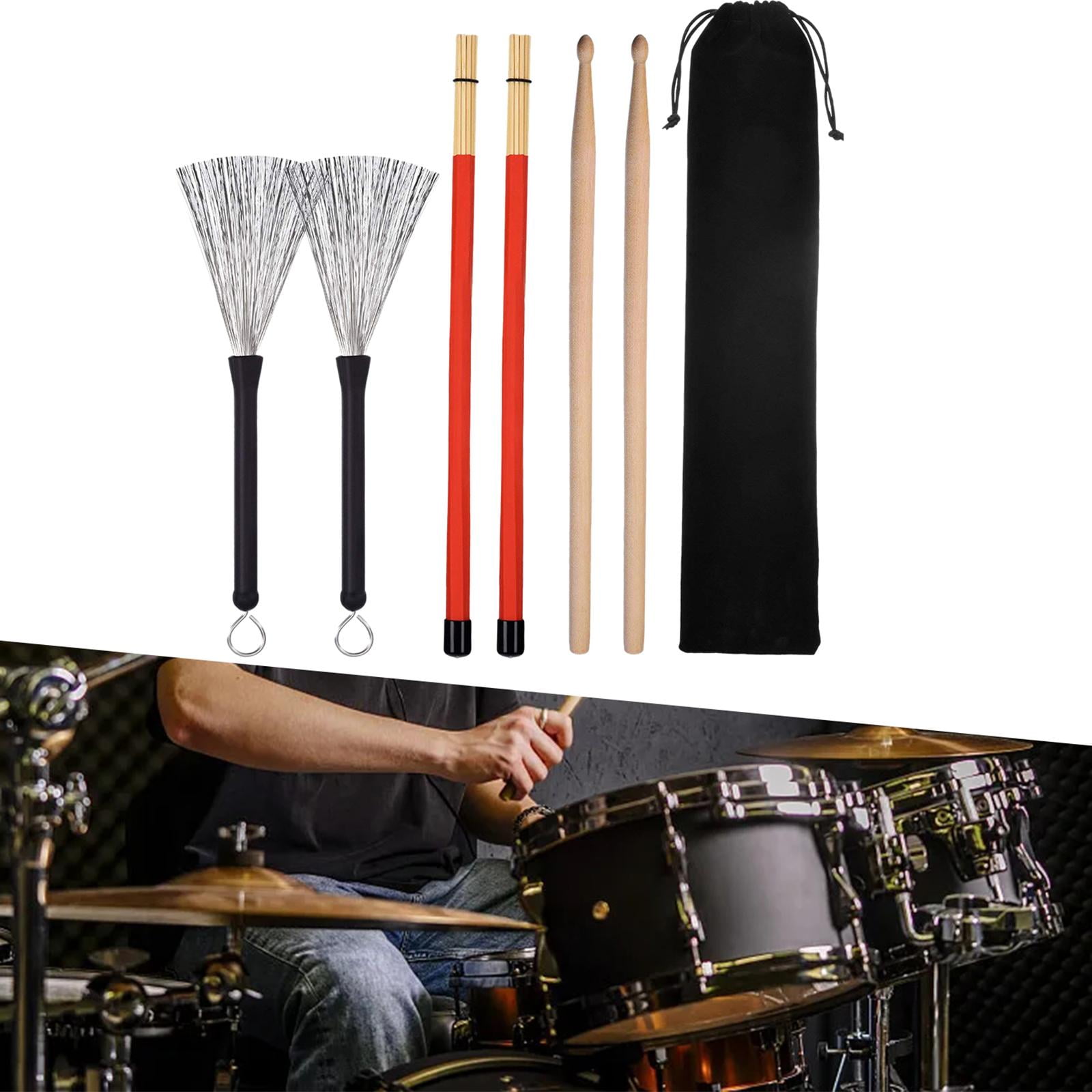 QccHieUs Drumsticks Set Durable and 1 Pair Rods Drum Brushes with Storage Pouch for Music