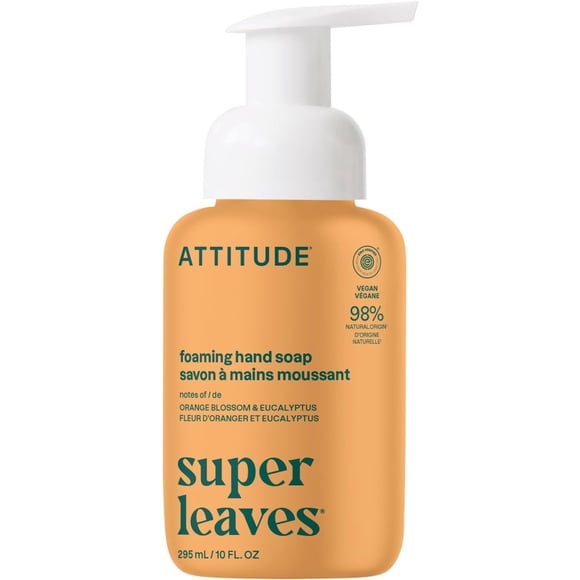 ATTITUDE Savon Moussant pour les Mains, Fabriqué au Canada, Vérifié EWG, Testé Dermatologiquement, à Base de Plantes et de Minéraux, Produits de Soins Personnels Véganes, Parfum Fleur d'Oranger et Eucalyptus, 295 ml