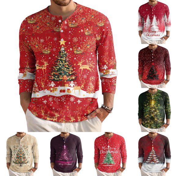 Wutalume Men's Loose Fit Button-Down Collar Shirt, Long Sleeve Casual Top with Christmas Print, Relaxed Henley Style for Holiday and Everyday Wear,Dark Green L