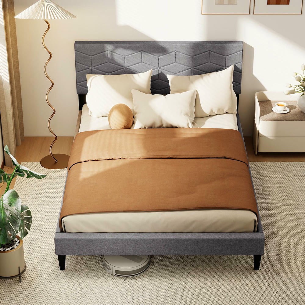 Barara King Full Size Bedroom Bed Frame with Linen Fabric Upholstered Headboard, Bed Platform Frame for Apartment, Bedroom, Gray