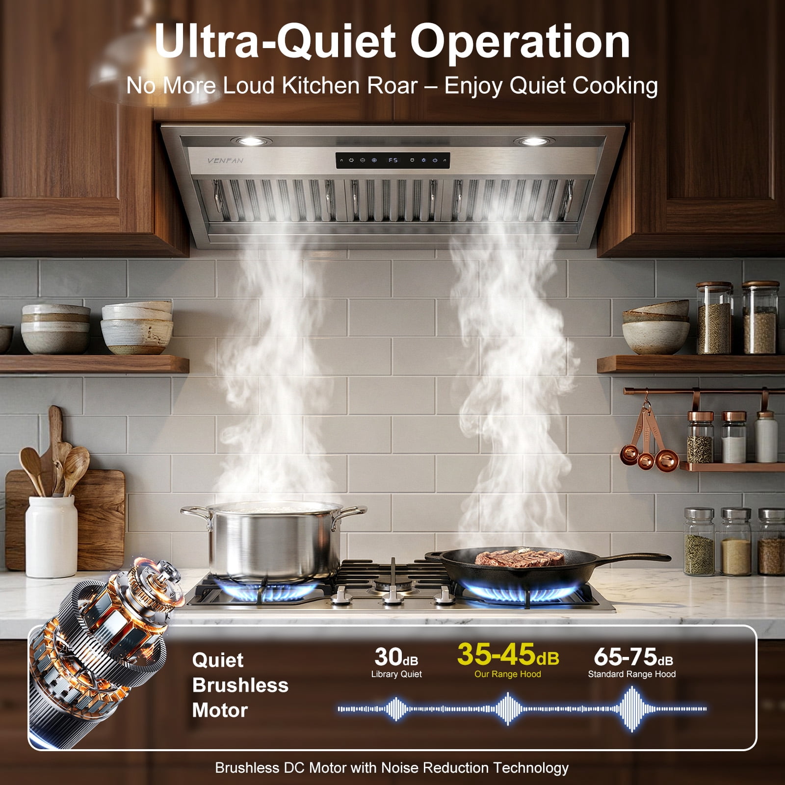 VENFAN 30 Inch Range Hood Insert, 1200 CFM Ultra Quiet DC Motor, Gesture & Touch Control, Ducted/Ductless Convertible, Stainless Steel Built-in Kitchen Vent Hood