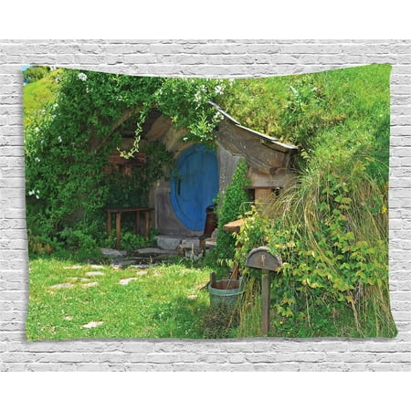 Hobbit House - Hobbits Tapestry, Fantasy Hobbit Land House in Magical Overhill Woods Movie Scene New Zealand, Wall Hanging for Bedroom Living Room Dorm Decor, 60W X 40L Inches, Green Brown Blue, by Ambesonne