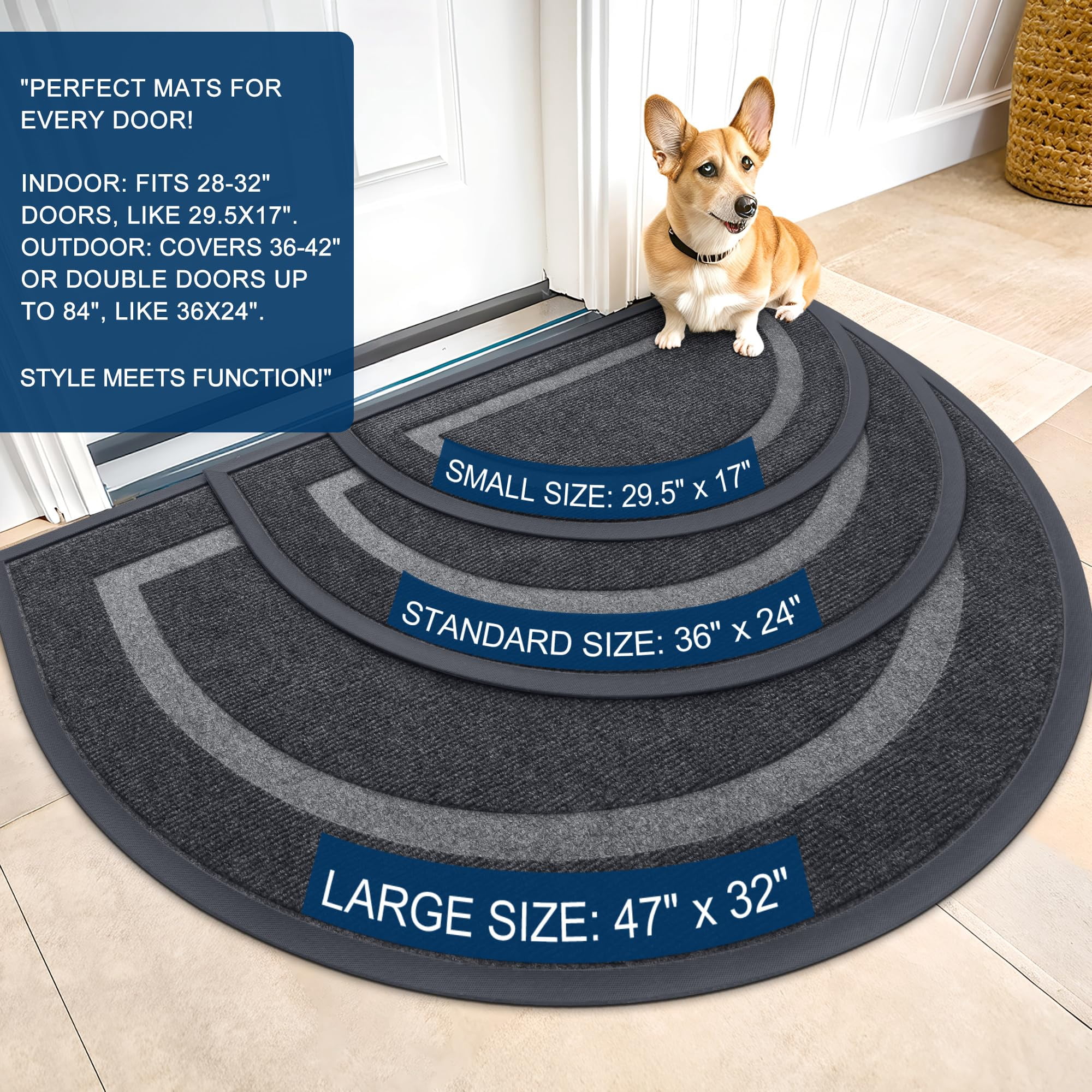Buganda Half Round Door Mat, Heavy Duty Rubber Entrance Mat, Low Profile Dirt Trapper Doormat Outside, 29.5" x 17", Grey