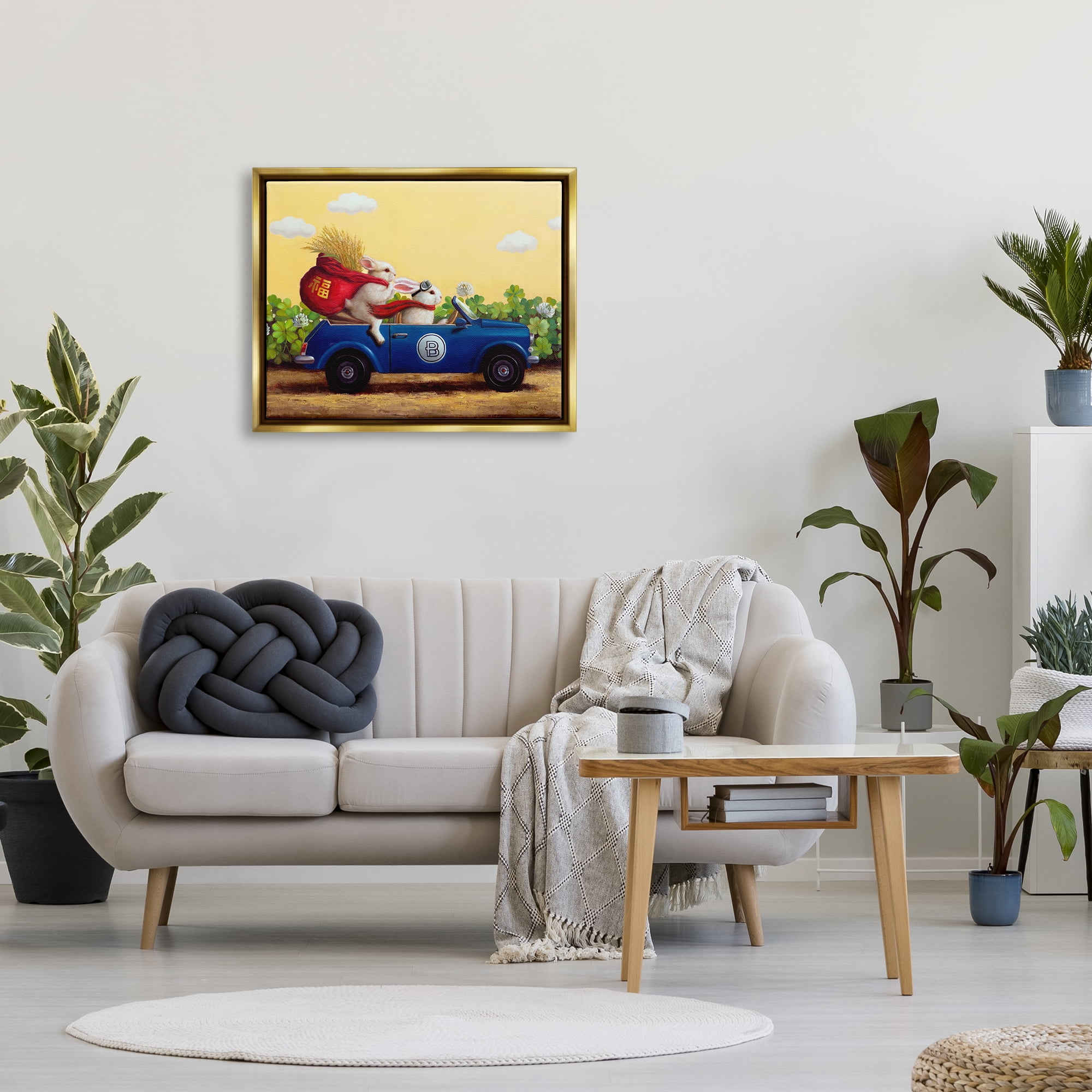 Stupell Industries Rabbits Driving in Garden Animals & Insects Painting Gold Floater Framed Art Print Wall Art, 31 x 25