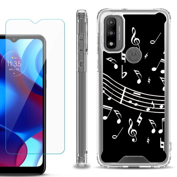 Shockproof Bumper Phone Case for Motorola Moto G Pure, with Tempered Glass Screen Protector, by OneToughShield ® - Music Notes / Black