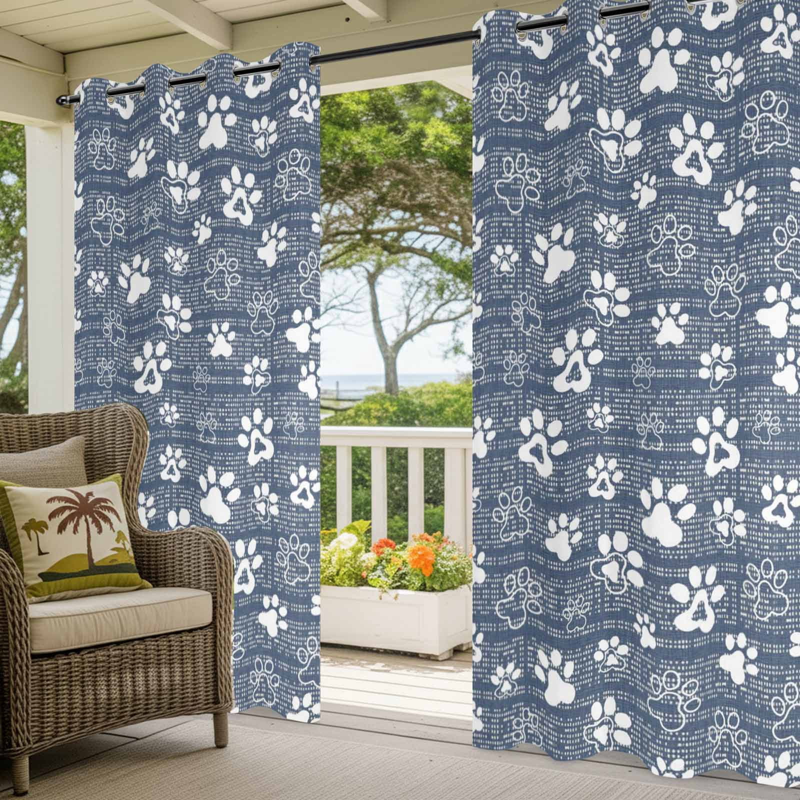 Navy Blue Paw Print Outdoor Curtains for Patio, Modern Classic Blue White Animal Large Paw Pattern Plaid Sunshade Privacy Drapes Grommet Waterproof Outside Curtains for Porch 54"x108", 1 Panel