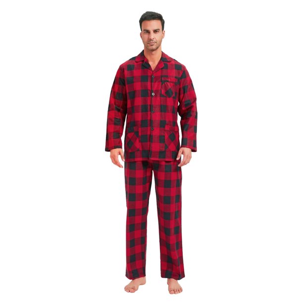 Apparonia Conjunto de Pijamas para Hombre Pijamas de Algodón con Cuello con Muescas para Hombre Ropa de Dormir de Manga Larga para Hombre con Bolsillos y Parte Delantera Fly Navidad Cuadros Rojos XL
