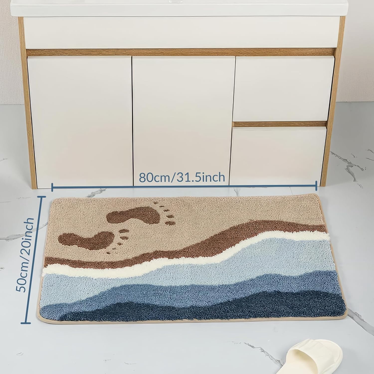 Beach-Themed Plush Bath Mat, Wave Sand & Footprint Non-Slip Rug with Non-Slip Backing, Soft Absorbent Polyester Floor Mat for Bathroom, Machine Washable Bath Mats 20 x 31 Inches