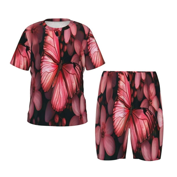 Fotbe pink butterfly Pijama Estampada de 2 Piezas para Niños – Ropa de Dormir de Manga Corta Cómoda para Niños y Niñas, Camiseta y Shorts de Algodón-Large