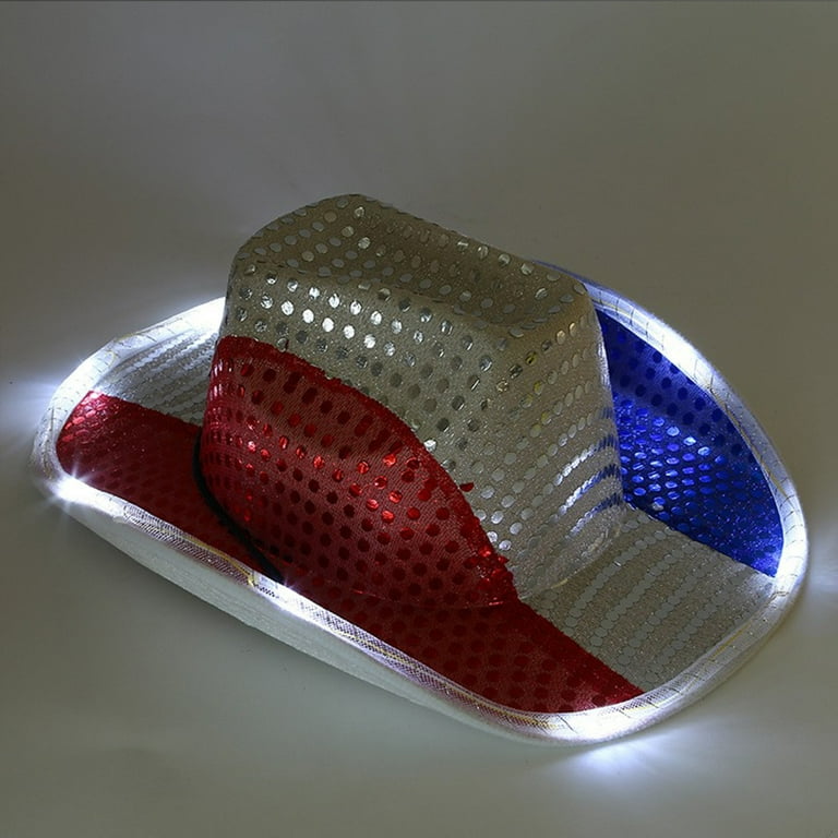 Sparkly Cowboy Hat with US Flag Design for Western Themed Parties Sparkly US Flag Western Cowboy Hat,Red White and Blue Sequin  main image 3