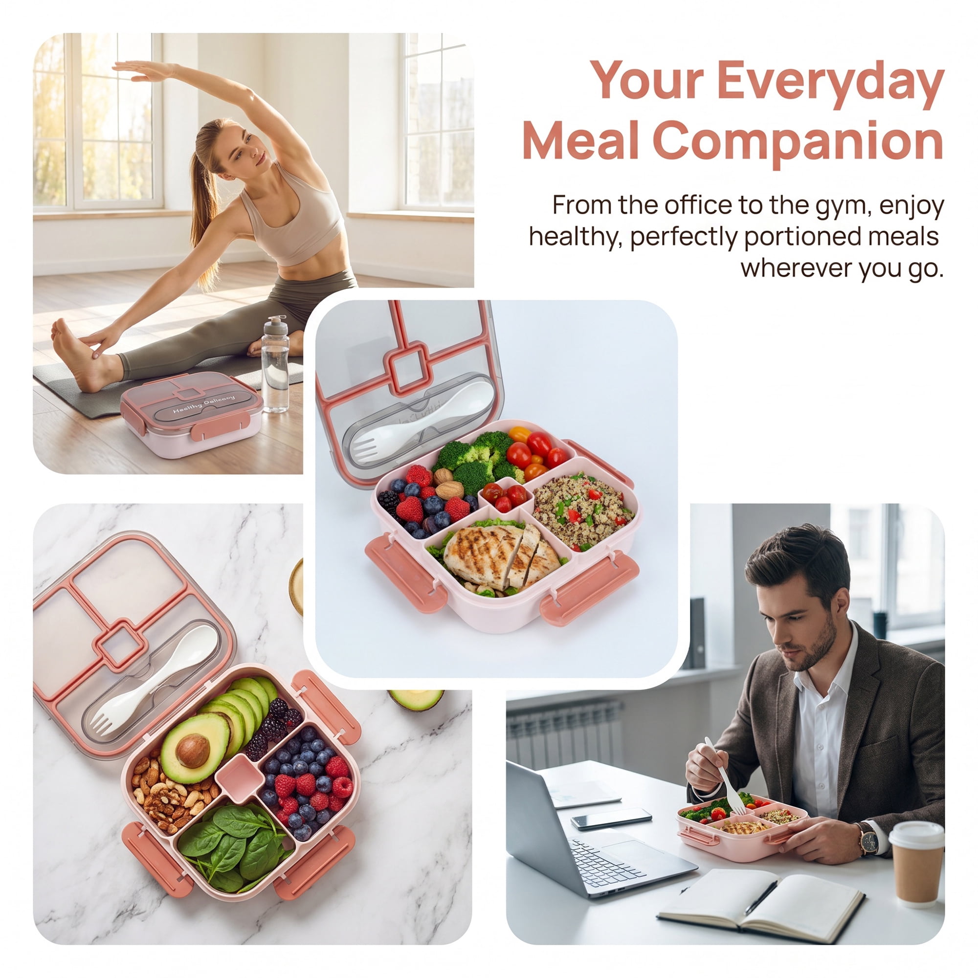 Unique Bargains Bento Lunch Box with Built-in Cutlery Slot for Work Travel Pink-1