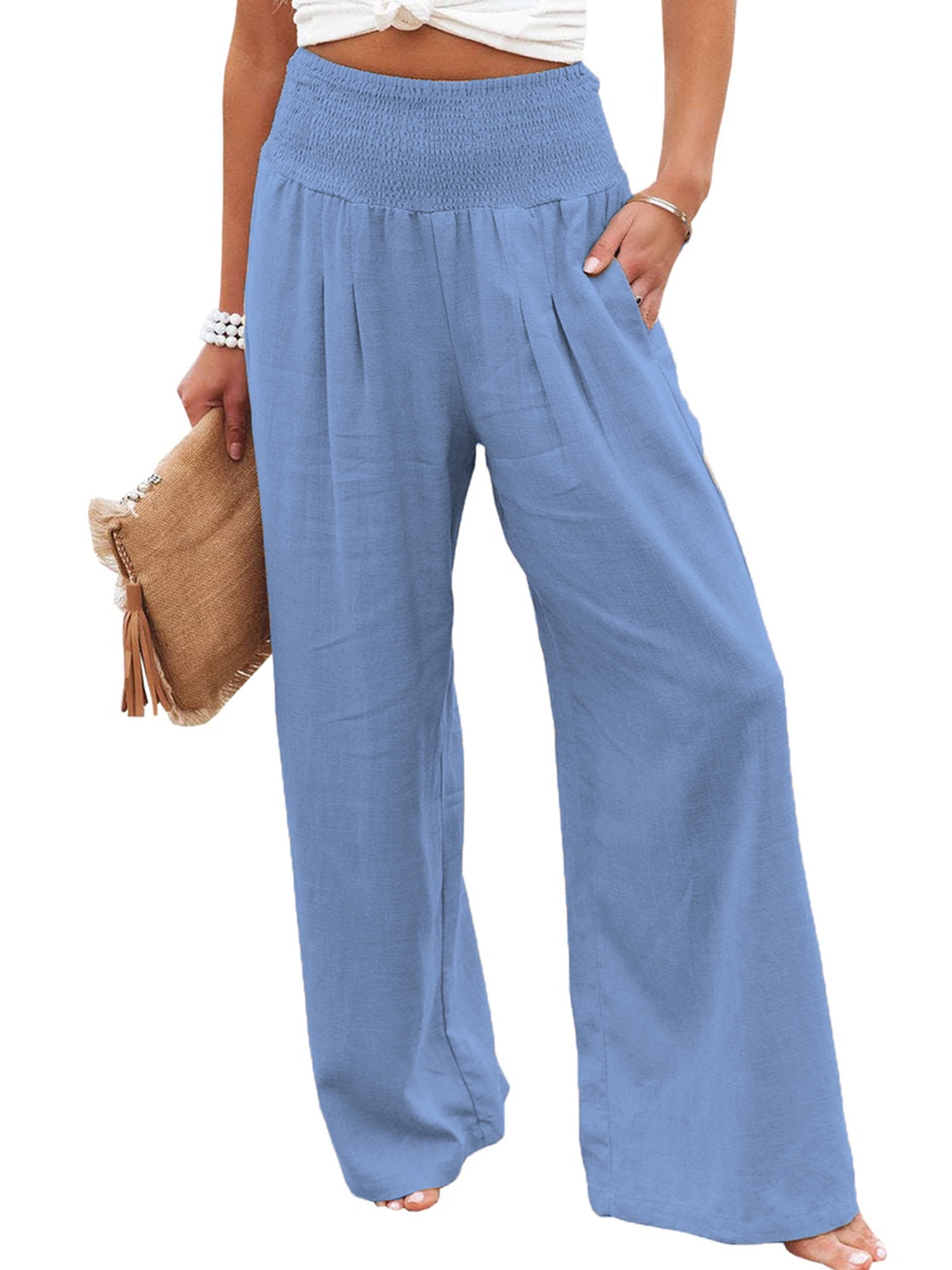 Aunavey Linen Pants for Women Wide Leg Elastic High Waisted Palazzo