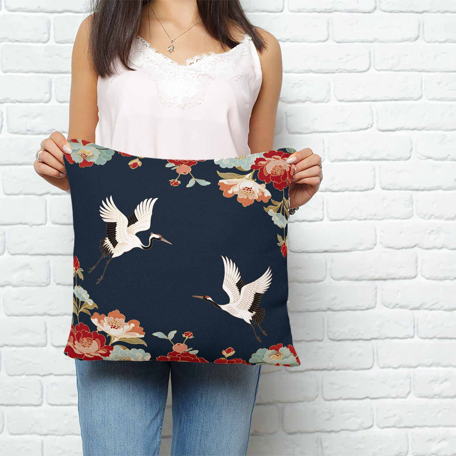 Throw Pillow Covers 26x26 Inch, Navy Blue Crane Decorative Pillow Cases for Couch Sofa Bed, Vintage Red Teal Spring Floral Botanical Cotton Linen Square Home Decor Pillowcases with Hidden Zipper
