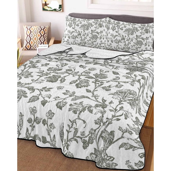 Farmhouse Flowers Full Size Down Alternative Comforter, Lightweight Comforter Quilt Bedding Set with Pillow Shams Pastoral Vintage Leaf Spring Summer All Seasons Bed Comforter Duvet Insert 78"x90"