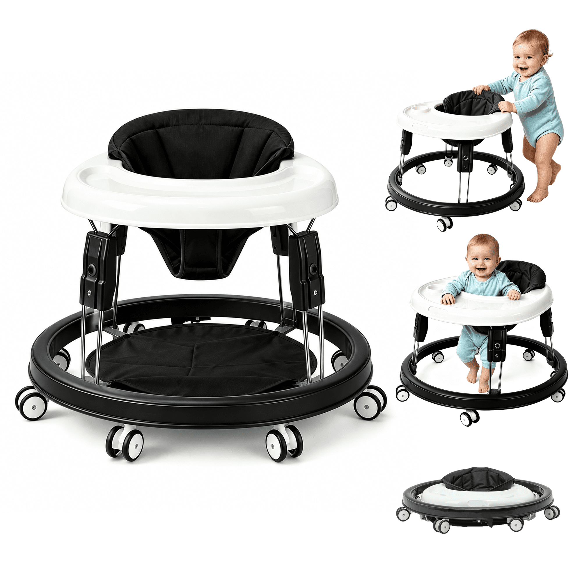 suihuooo Foldable Baby Walker with Height Adjustment,Breathable Cushion for Boy Girls 6-18 Months,Black