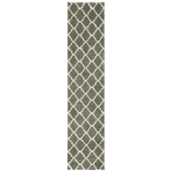 SAFAVIEH Tahoe Gerald Quatrefoil Shag Runner, 2' x 9', Sage/White
