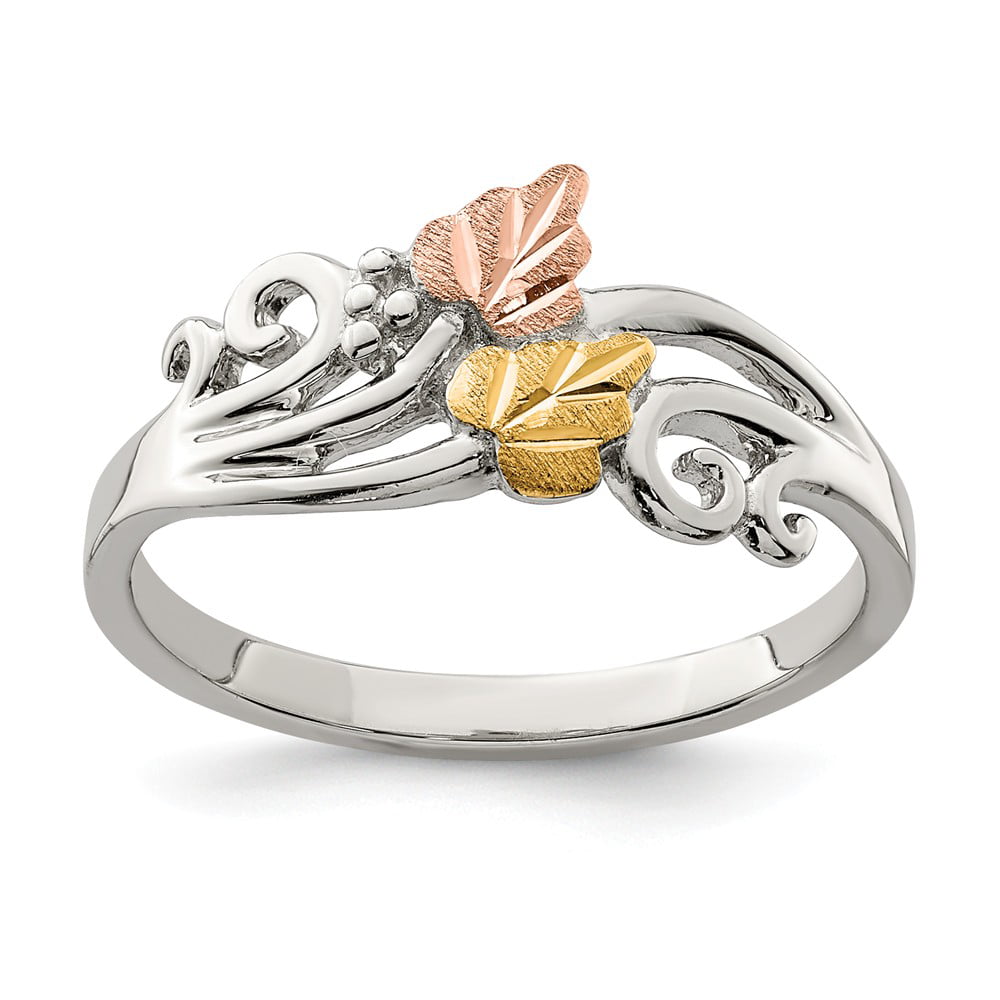 Sterling Silver and 12k Black Hills Gold Ring with Leaves and Rope Details Multi Tone Rose Gold Sterling Silver Yellow Gold 12k