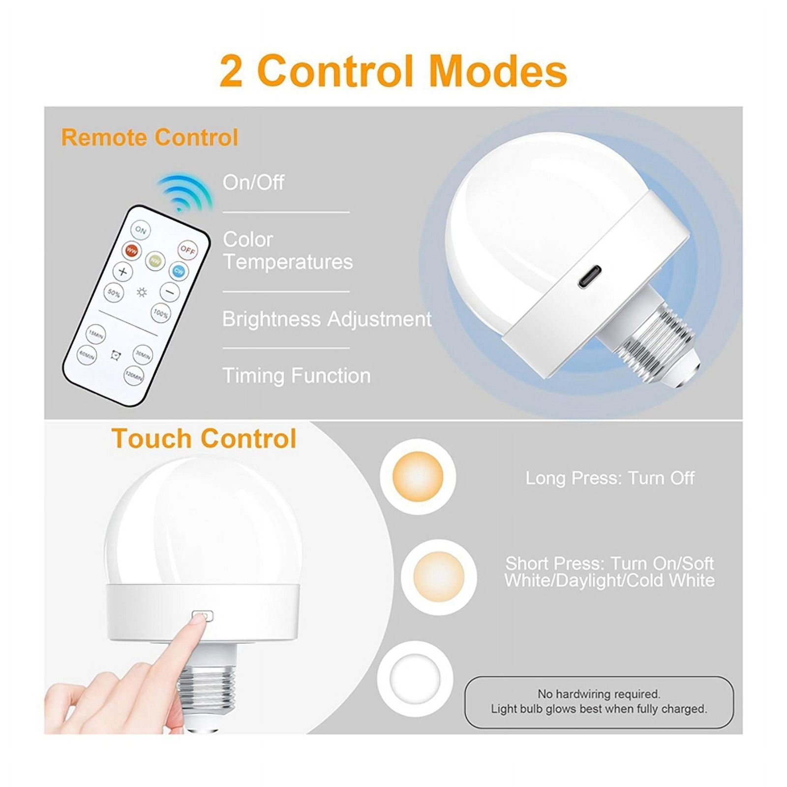 2X Rechargeable Battery Operated Light Bulbs, 300LM E26 Screw in Light Bulb for Lamps with Remote Control Dimmable&