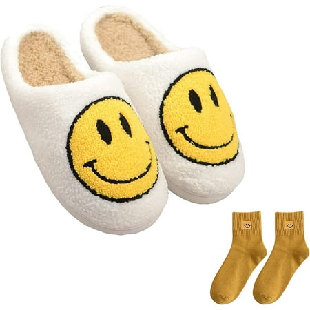 

Smiley Face Slippers Retro Cozy Comfy Plush Warm Slip-on Slippers Winter Soft Fuzzy Indoor House Shoes with Memory Foam for Men Women…