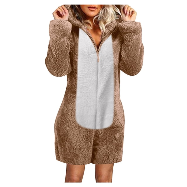 Pyjama Chaud pour Femmes Hiver Femmes Combinaison Courte à Capuche à Manches Longues Pyjama Décontracté d'Hiver Chaud Combinaison de Nuit Pyjama pour Femmes Tenue de Nuit Combinaison à Manches Longues