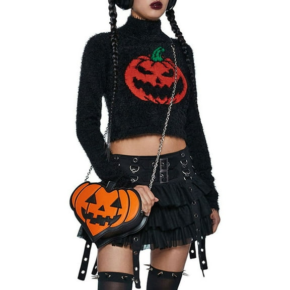Michellecmm  Women Halloween Cropped Sweaters Casual Pumpkin Print Warm Pullover