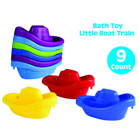 Playkidz Bath Toy Little Boat Train Pack of 9 Stackable Plastic Kids Tugboats for Bathtub & More in 6 Colors Ages 3 and