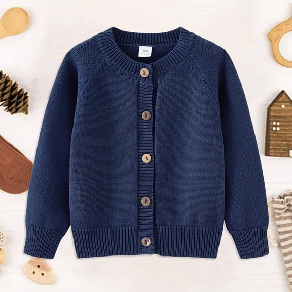 Rrunsv Girls' Cardigans Sweater Cotton School Uniforms Button Solid Color Fashion Long Sleeve Knit Sweaters(Navy,3-4 t)