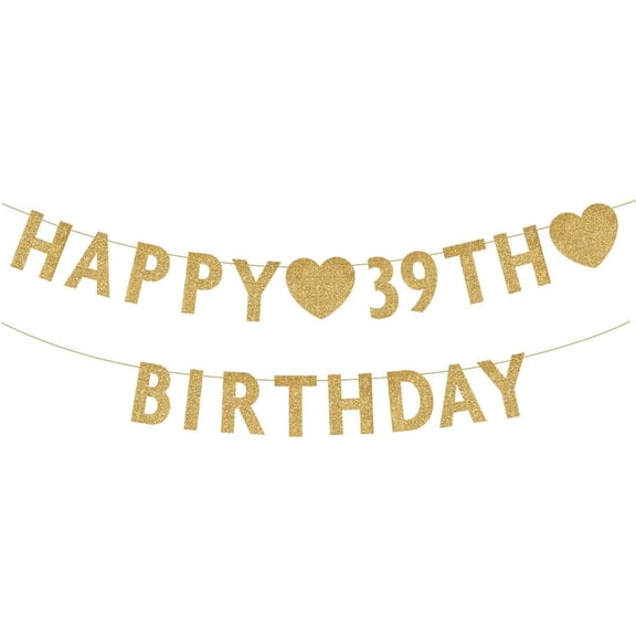 Gold Happy 39th Birthday Banner, Glitter 39 Years Old Woman or Man Party Decorations, Supplies