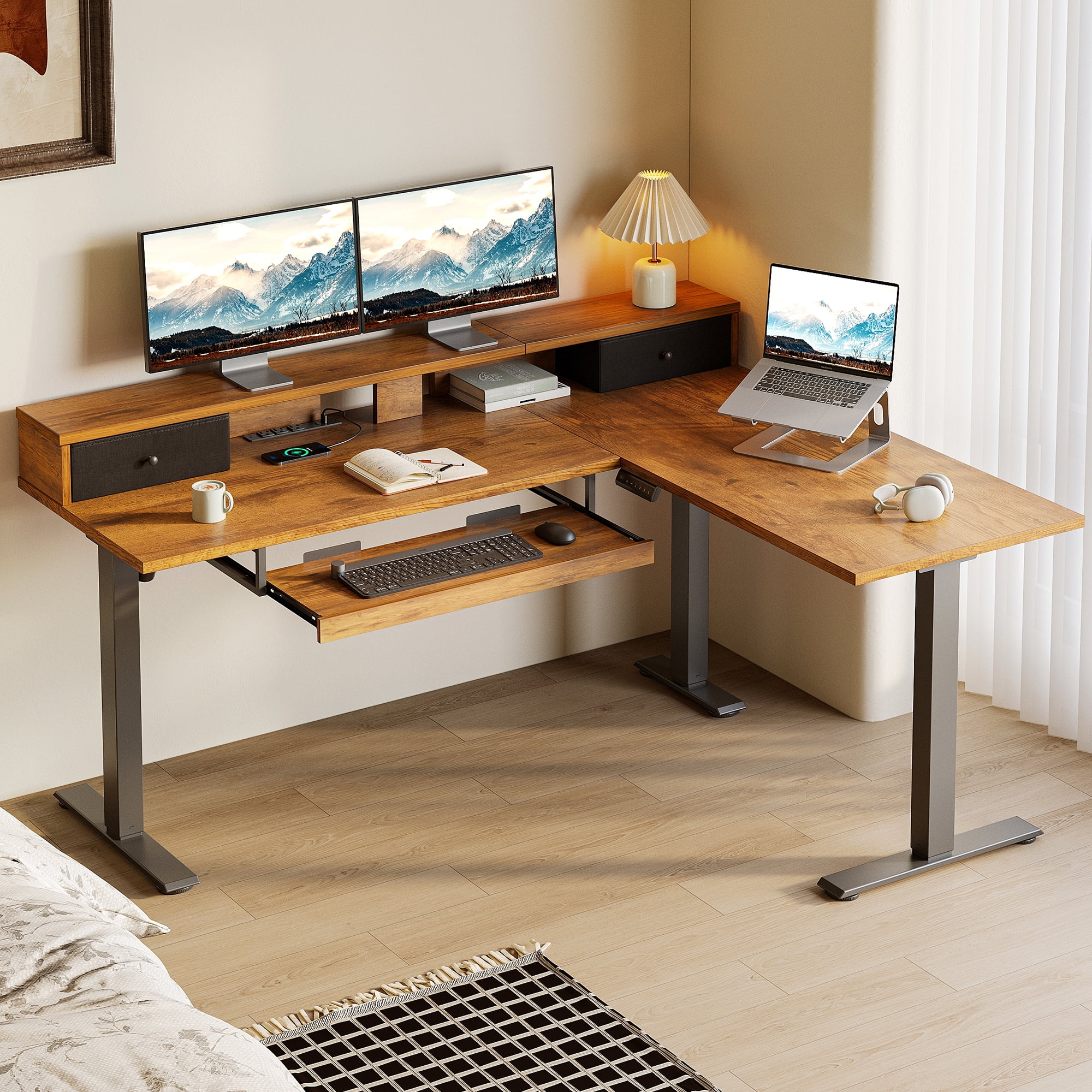 L-Shaped Electric Standing Desk, Height Adjustable Corner Desk with Fabric Drawers, Computer Desk with Monitor Shelf & Keyboard Tray, 3 Power Outlets & 2 USB Ports, Black